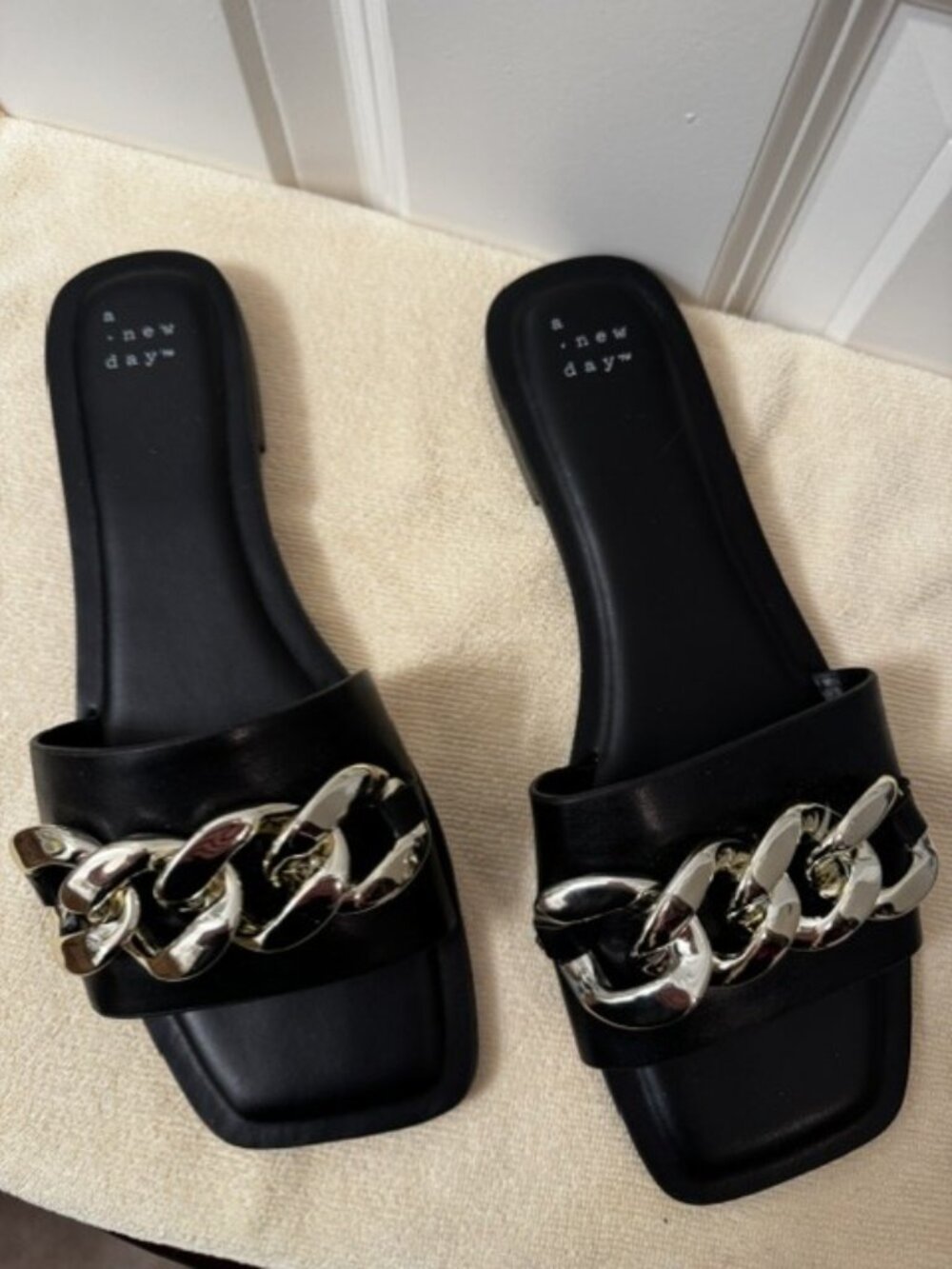 A New Day - Black Slides with Gold (Size 8.5)